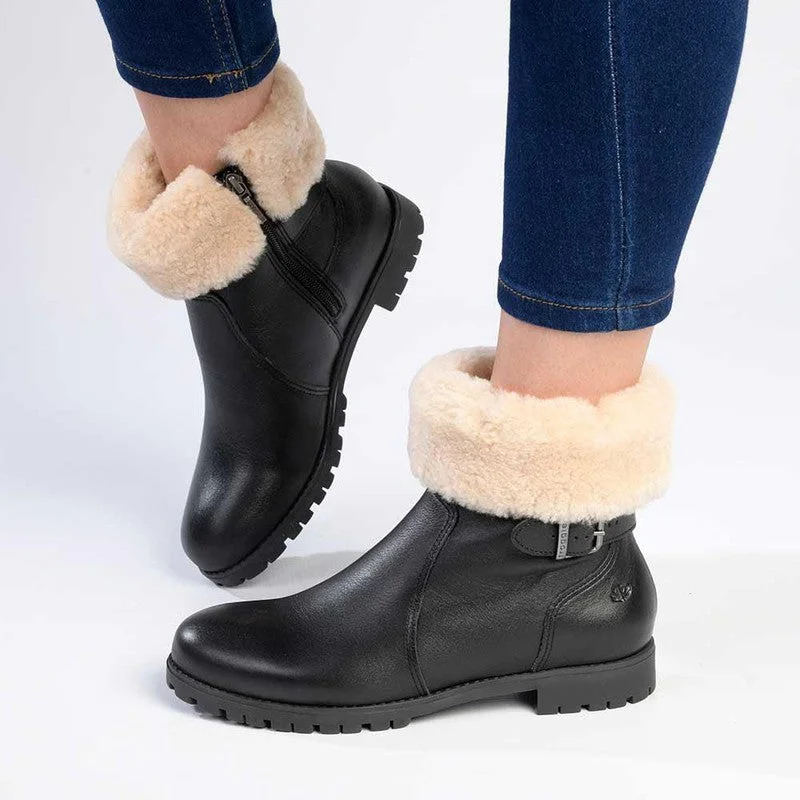 Froggie Pat Leather Fur Collar Ankle Boot - Black