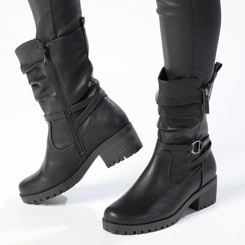 Franco Rossi Cleated Mid Calf Boot with Buckle - Black