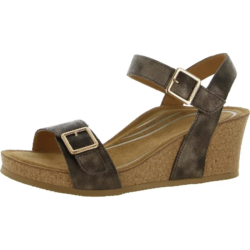 Aetrex Womens Lexa Leather Buckle Wedge Sandals