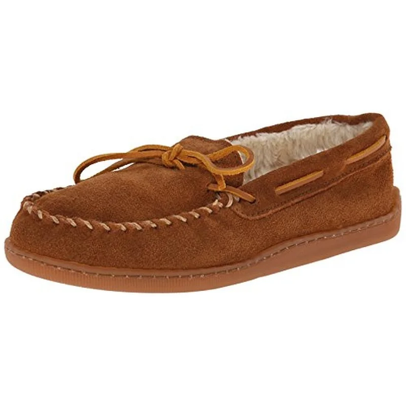 Minnetonka Mens Pile Lined Hardsole Suede Faux Fur Lined Moccasin Slippers