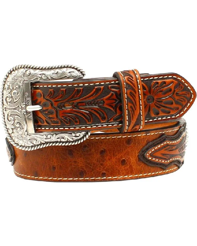 MF Western Ariat Mens Brown Ostrich Print Leather Belt Style A1024402