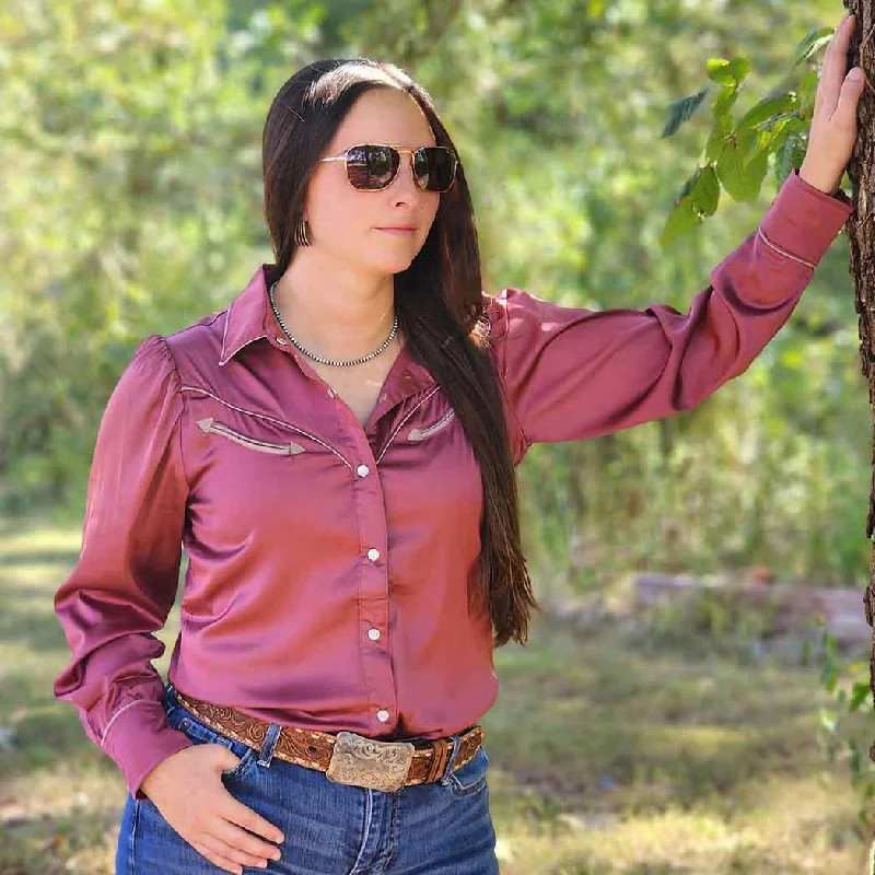 Berry Satin Puff Sleeve Western Blouse