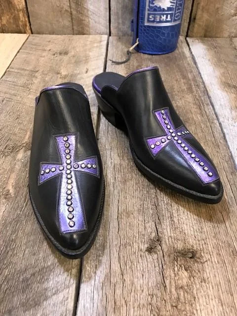 Purple Stud Cross Black Kangaroo  Tres Outlaws Women's Mule 2416*