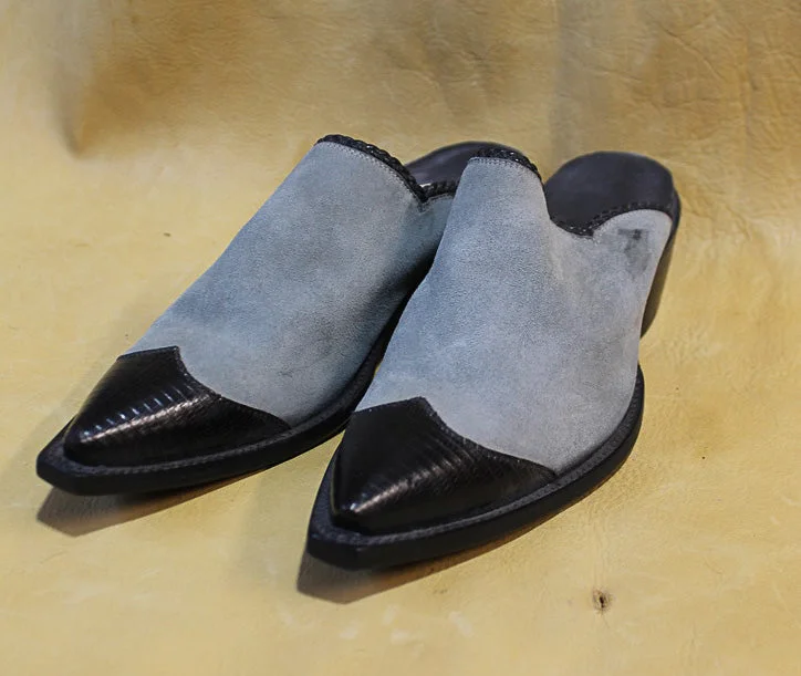 Blue Suede Kangaroo With Lizard Tip Mule 3079