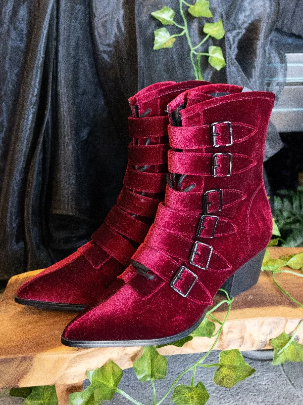 Burgundy Velvet Coven Pointed Toe Boot