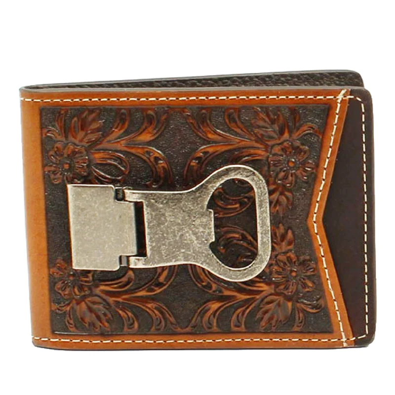 Nocona Men's Floral Tooled Money Clip Bottle Opener Wallet