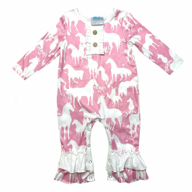 Shea Baby Pink & White Horse Romper