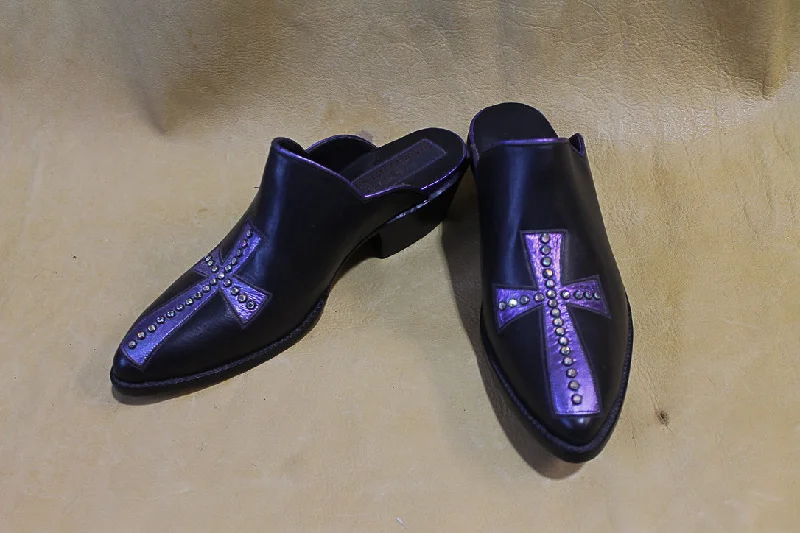 Purple Studded Cross Black Kangaroo Mule 3036