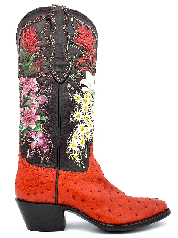 Red Ostrich Stitched Flower Inlay Tres Outlaws Women's Classic 657