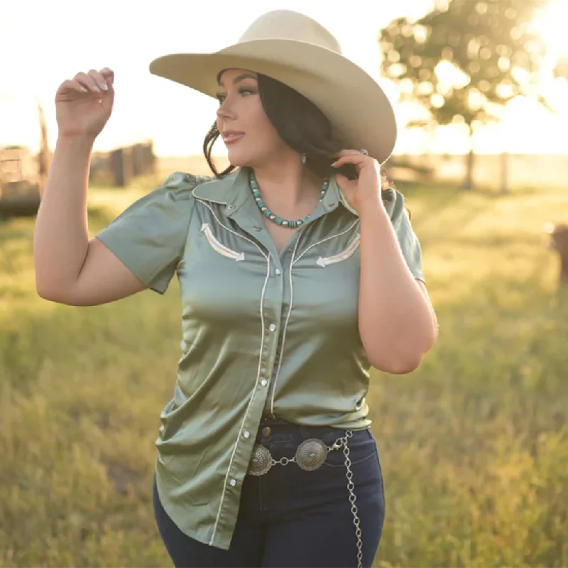 Sage Satin Pearl Snap Blouse