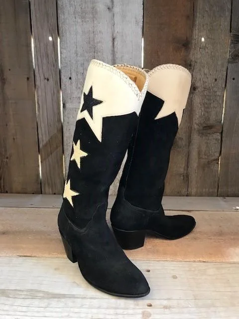 Black Suede Roughout & Beaded Stars Tres Outlaws Women's Classic Boot 1351@