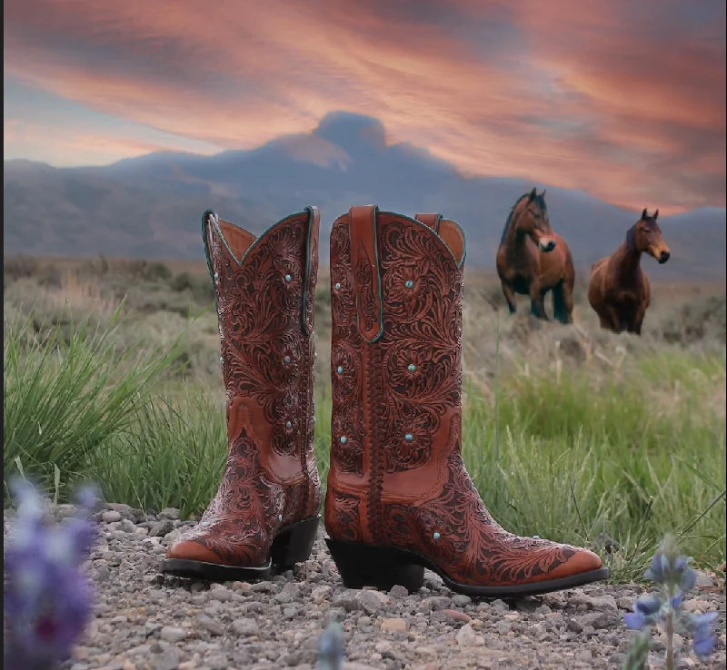 Tooled Wild Roses with Turquoise Studs 4-25