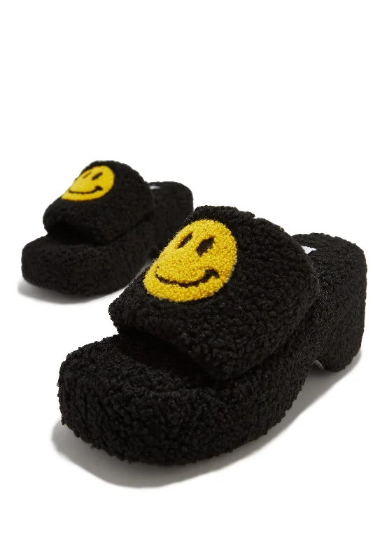 All Smiles Faux Sherpa Platform Slip On Sandals - Black Minimalist Sneaker Style  