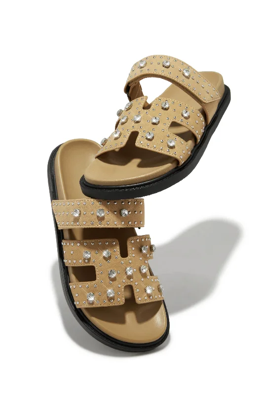 Amani Studded Embellished Slip On Sandals - Nude Ankle - High Military Boot Style  