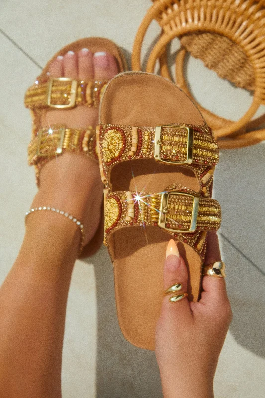 Aristi Beaded Embellished Slip On Sandals - Tan Memory - Foam Slipper Look  