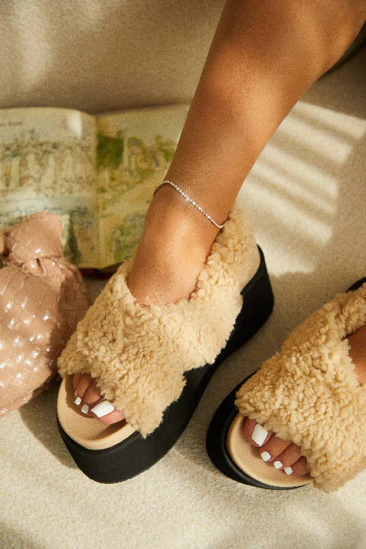Autumn's Calling Faux Sherpa Platform Sandals - Nude Rubber - Sole Plimsoll Look  