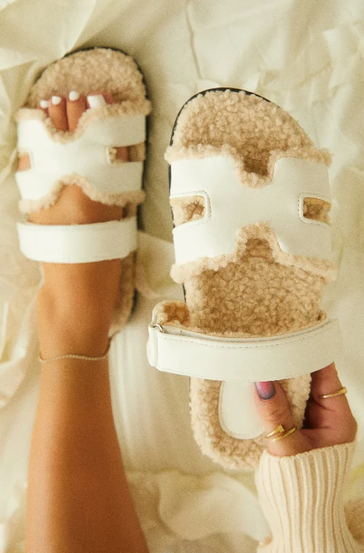 Bailey Faux Sherpa Slip On Sandals - White Mod Oxford Design  