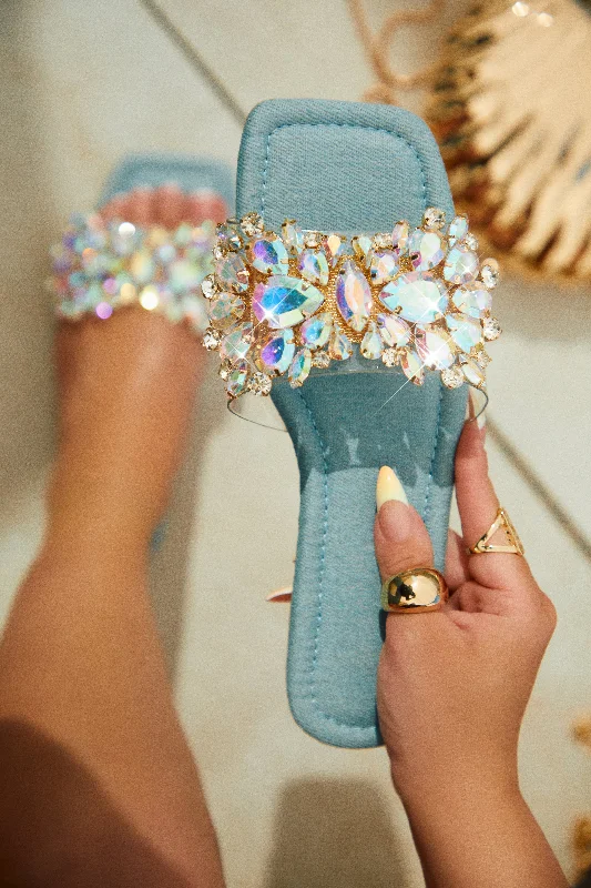 Caribbean Island Embellished Slip On Sandals - Denim Mod Oxford Design  