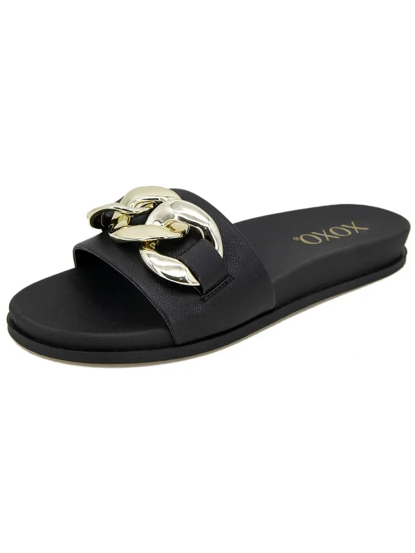 JOLENNE Womens Faux Leather Slip on Slide Sandals Rubber - Sole Plimsoll Look  