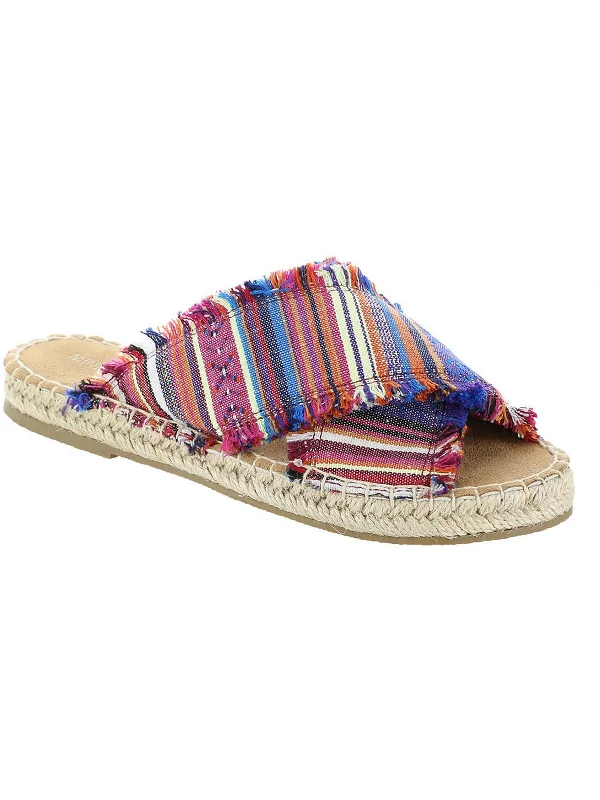 Pepper Womens Canvas Fringe Slide Sandals Metallic Trim Shoe Design  