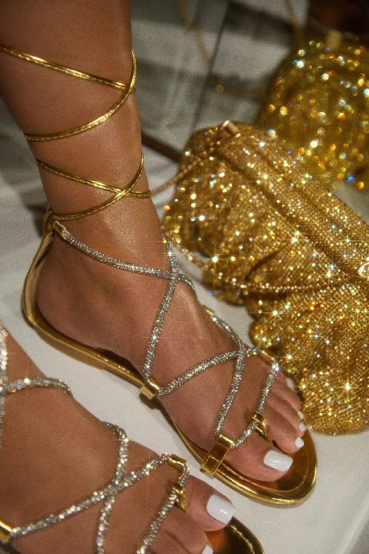 Vegas Weekend Embellished Lace Up Sandals - Gold Glow - in - the - Dark Shoe Design  