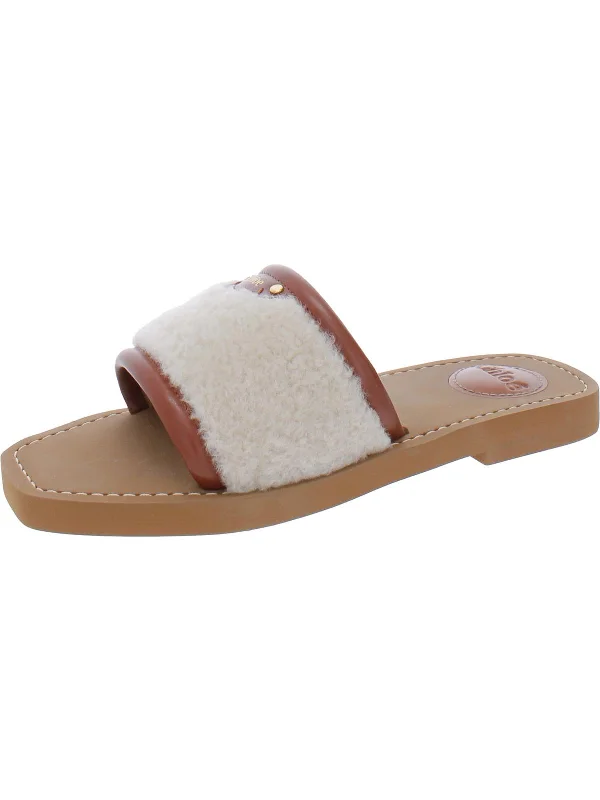 Woody Womens Leather Lamb Fur Slide Sandals Embroidered Cowboy Boot Design  